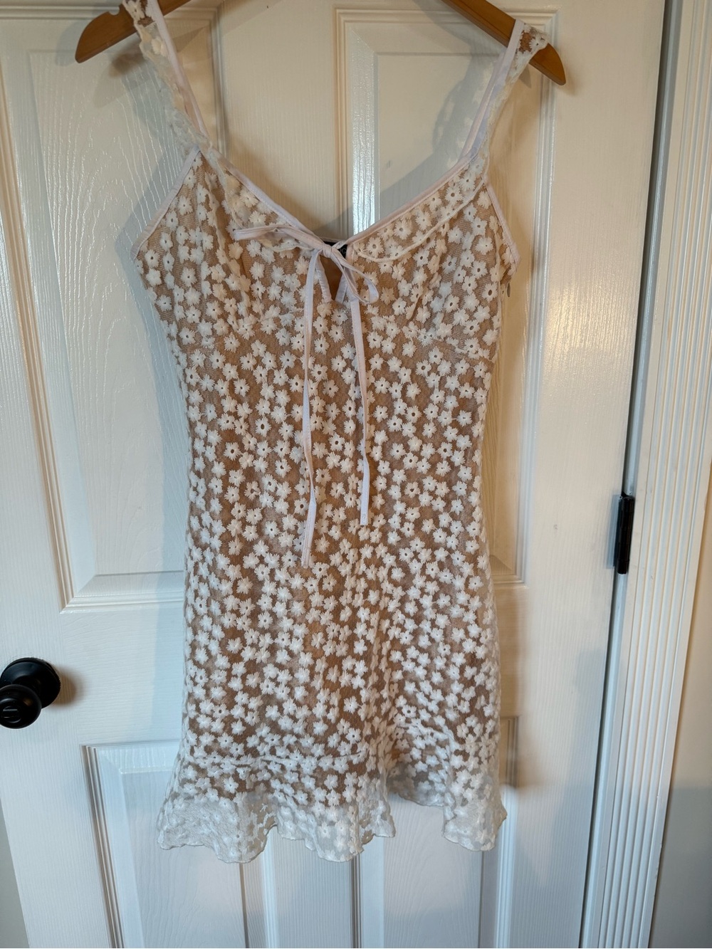 Sheer White Floral Lace Slip Dress with Tie Front - Women Intimates & Sleepwear